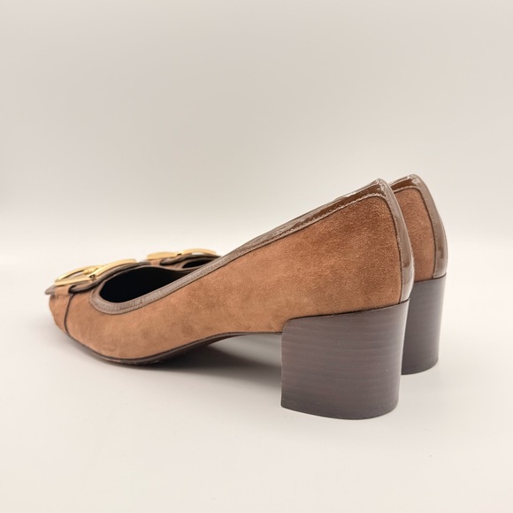 Tory Burch Brown Suede Block Heel Pumps Gold Logo Buckle Classic Size 11 - Picture 2 of 12